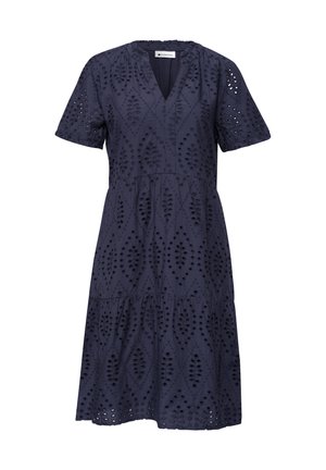 Navy blue knee-length dress with short sleeves, V-neck, and eyelet lace pattern in diamond shapes throughout the fabric.
