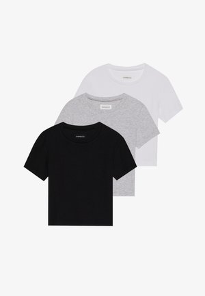 Trijų trumpomis rankovėmis marškinėlių rinkinys juodos, pilkos ir baltos spalvos. Pagaminti iš medvilnės, turi apvalų iškirpimą ir paprastą, vientisos spalvos dizainą.