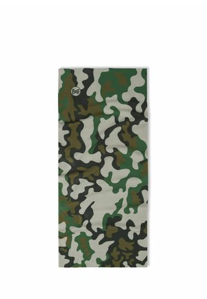 Rectangular fabric scarf with green, brown, black, and beige camouflage pattern and small round "Buff" logo near top left corner.