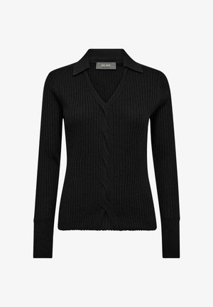 Must mustriba sõlgadega sviiter V-kaeluse ja kraega, pikkade varrukatega ning esiosas kudumise nöörmustriga, valmistatud tekstuursed kootud kangast.