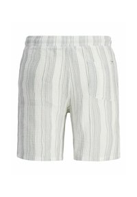 Pantalones cortos blancos con rayas verticales grises, fabricados con un tejido texturizado. Cuenta con un bolsillo trasero y una cinturilla elástica para mayor comodidad.