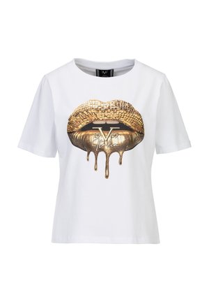 Weißes T-Shirt mit kurzen Ärmeln, großem goldfarbenem Lippenmotiv und Tropfen-Effekt, vorne mit der Aufschrift "19 V 69 Italia".