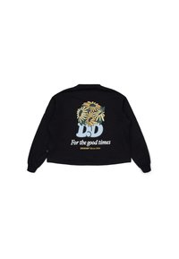 Black long-sleeve jacket featuring a floral skull graphic on the back, text "For the good times," with Dronenim branding. Soft fabric.