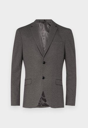 Grauer Blazer aus strukturiertem Stoff, mit zwei schwarzen Knöpfen, einer Brusttasche, zwei Fronttaschen und einem glatten, satinartigen Futter.
