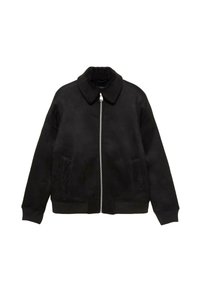 Czarna kurtka zapinana na zamek z puszystym kołnierzem, długimi rękawami, dwiema przednimi kieszeniami oraz ściągaczami na mankietach i u dołu.