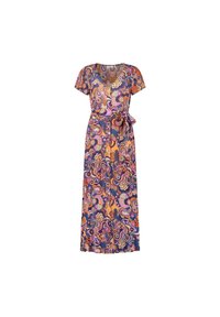 Robe maxi à manches courtes, col en V, ceinture à la taille, avec un motif floral paisley complexe en orange, violet, rose et bleu.