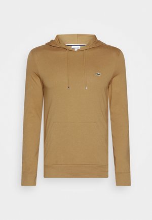 Langer Kapuzenpullover mit langen Ärmeln, Kängurutasche vorne, Kordelzug und kleinem grünem Krokodil-Logo auf der linken Brust.