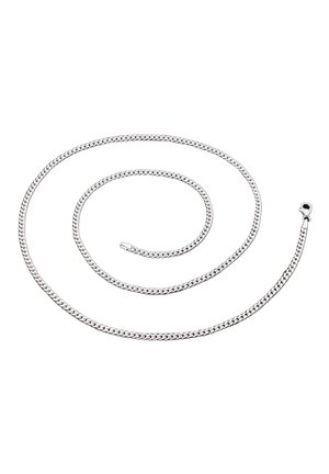 Silver metal chain necklace with flat, closely linked curb chain design, coiled in a loose spiral on a white background with a lobster clasp.