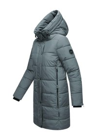 Gray puffer jacket with a high collar and detachable hood. Features zippered pockets, elasticated cuffs, and a quilted design.
