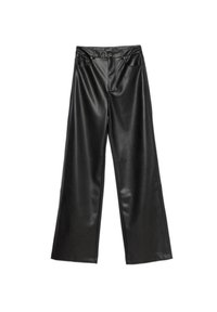 Zwarte, hoge taille, wijde broekspijpen van glad nepleer. Voorzien van voorzakken en een ritssluiting.