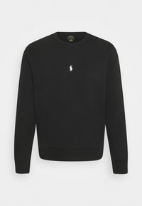 Svart sweatshirt i en bomullsblandning, med en vit broderad logotyp på bröstet. Enkel rund hals och långa ärmar med ribbade mudd.