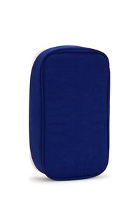 Custodia rettangolare blu navy con superficie testurizzata e zip di colore rosa chiaro in contrasto. Design compatto, adatta per riporre o organizzare.