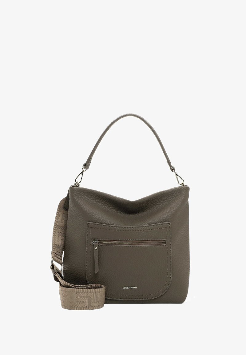 Olive-green leather handbag with a textured finish, featuring a curved top, a front zip pocket, and a patterned strap.