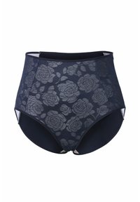 Hochgeschnittene navyblaue Unterhose mit floralem Spitzenmuster, ausgestattet mit einer glatten Textur und diskreten Seitenschlitzen für zusätzlichen Komfort.
