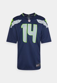 Marineblaue NFL-Trikot mit grünen Akzenten, das die Nummer 14 in einem gemusterten Design zeigt. Hergestellt aus leichtem Stoff mit kurzen Ärmeln.