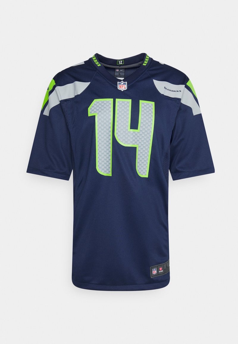 Marineblaue NFL-Trikot mit grünen Akzenten, das die Nummer 14 in einem gemusterten Design zeigt. Hergestellt aus leichtem Stoff mit kurzen Ärmeln.