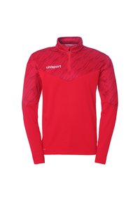 Rode lange mouw sportpullover met een halve rits kraag. Beschikt over een gestructureerd patroon op het bovenste gedeelte en een logo aan de voorkant.