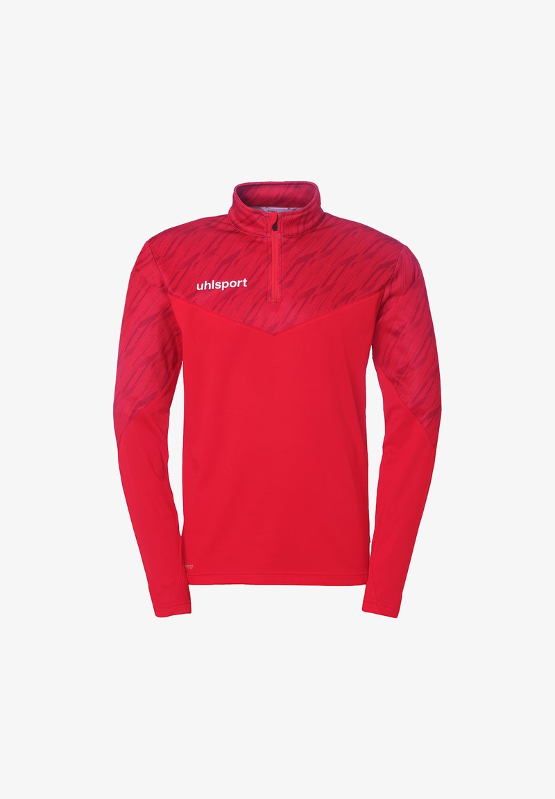 Rode lange mouw sportpullover met een halve rits kraag. Beschikt over een gestructureerd patroon op het bovenste gedeelte en een logo aan de voorkant.