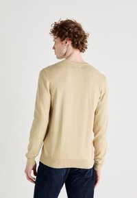 Pull beige à manches longues avec un col rond, texture douce, coupe ajustée, et poignets et ourlet côtelés, vu de dos.