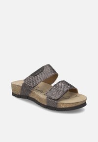 Grau gewebte Rutsch-Sandalen mit zwei verstellbaren Riemen, Kork-Fußbett und Gummisohle. Strukturierte Oberfläche und Logo-Detail auf den Riemen.