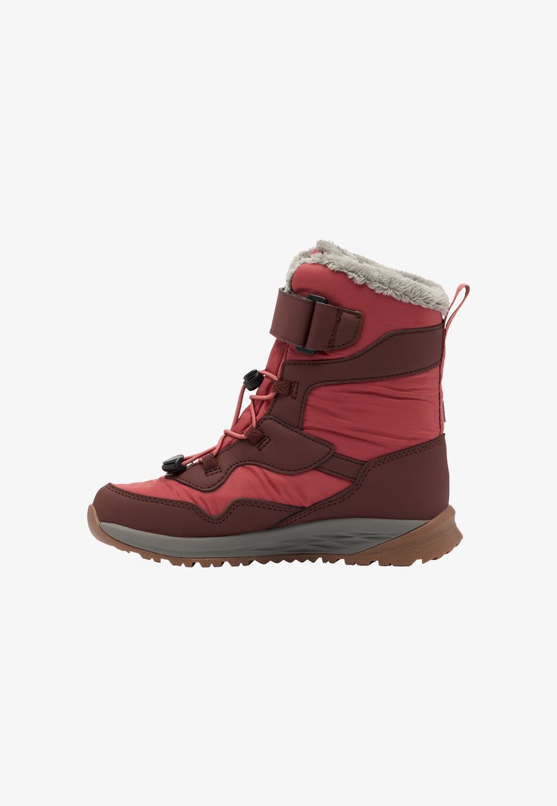 Rote und braune Winterstiefel mit Kunstfellfutter, elastischen Schnürsenkeln und verstellbarem Riemen. Mit einer strukturierten Gummisohle für besseren Halt.