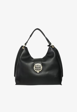 Schwarze Lederhandtasche mit runder Form, Oberhandgriff und goldfarbener, runder Hardware-Applikation an der Vorderseite. Glatte Textur, ohne Muster.