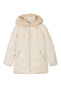 Giacca donna beige imbottita trapuntata con cappuccio in pelliccia sintetica, zip frontale e due tasche laterali con zip. Tessuto morbido e design caldo.