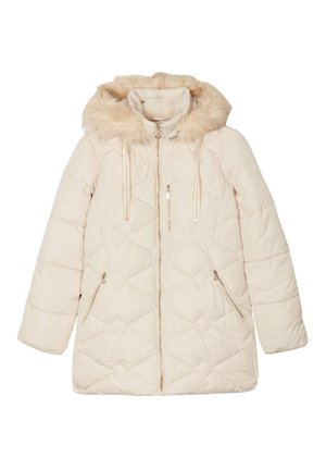 Beige gesteppte Daunenjacke mit einer Kapuze aus Kunstfell, Frontreißverschluss und zwei seitlichen Taschen mit Reißverschluss. Weicher Stoff und warmes Design.