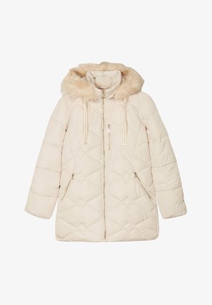 Veste doudoune beige matelassée avec une capuche en fausse fourrure, fermeture éclair frontale et deux poches latérales avec fermetures éclair. Texture douce et design chaleureux.