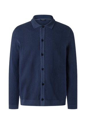 Cárdigan de punto azul marino con mangas largas, botones delanteros y cuello puntiagudo, diseñado para un look ajustado y casual.