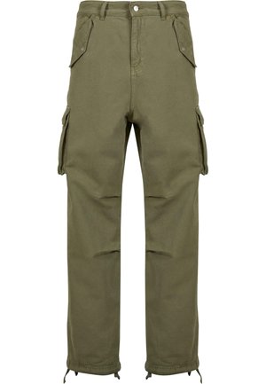 Olivgrüne Cargo-Hosen aus robustem Material, mit mehreren Seitentaschen, geradem Beinanschnitt und verstellbaren Kordeln an den Beinabschlüssen.