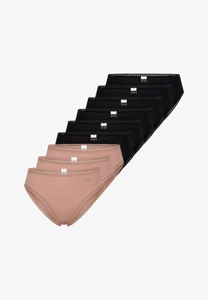 Sept paires de slips pour femmes en beige et noir, avec une bordure en dentelle le long de la ceinture et un matériau doux et extensible.