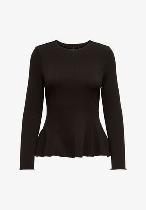 Melnas garām piedurknēm pieguļošs pepluma tops ar apaļu kakla izgriezumu un vertikālām šuvēm, paredzēts sieviešu modes apģērbam.