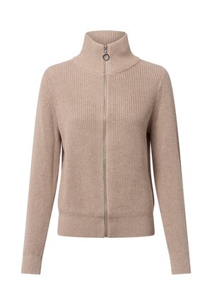 Beżowy swéter zapinany na zamek z wysokim kołnierzem, prążkowaną teksturą i długimi rękawami. Posiada srebrny zamek oraz dopasowane wykończenia u dołu i na mankietach.