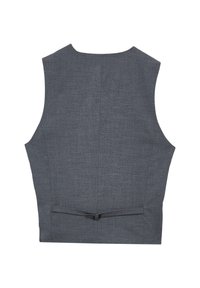 Dunkelgraue maßgeschneiderte Weste mit verstellbarem Schnallenriemen hinten, aus glatt strukturiertem Stoff, von hinten gezeigt.