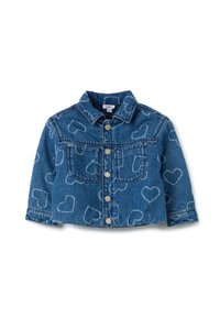 Jeansjack met een cropped ontwerp, lichtblauwe kleur en hartvormige patronen. Heeft een kraag en een sluiting met messing knopen.