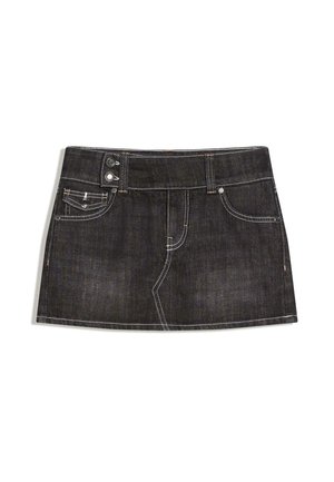 Fustă mini din denim negru cu textură netedă. Are cinci buzunare, două nasturi în talie și detalii de cusături contrastante.