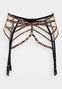 Schwarzer und beigefarbener Netzstrumpfhalter mit Leopardenmuster, verstellbaren Trägern und goldenen Hardware-Akzenten. Strukturiertes, offenes Design.