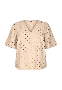 Beige Bluse mit kurzen Ärmeln und V-Ausschnitt sowie dunkelbraunen Punkten. Mit gepufften Ärmeln und lockerer Passform. Aus glattem Baumwollstoff.