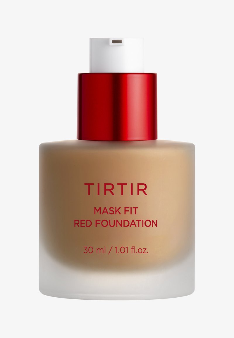 TIRTIR Mask Fit Red Foundation in a round glass bottle with a white pump and red cap, 30 ml, features a beige liquid formulation.