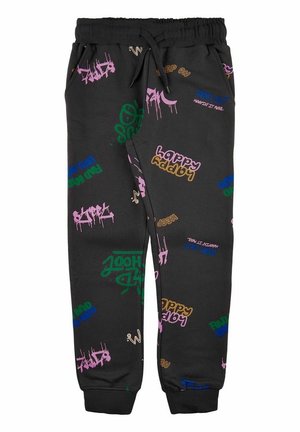 Sort sweatpants med snor i livet, prydet med farverig graffiti-lignende tekst og mønstre i pink, grøn, blå og brun. Blød tekstur.