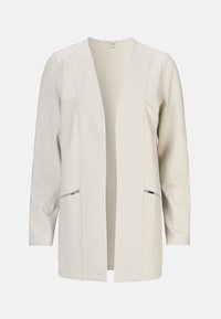 Krämfärgad långärmad cardigan med öppen front, zippered fickor och mjukt tyg. Minimalistisk design med rak skärning.