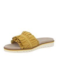 Infradito giallo con una cinturina in tessuto arricciato, soletta beige morbida e suola in gomma bianca con scanalature texturizzate e un accento giallo.