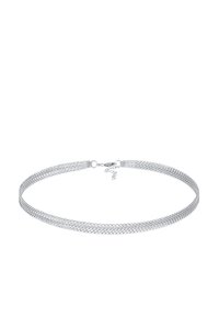 Silverfärgad metallhalsband med ett fint nätmönster, slät yta och en låsning med justerbar kedja för att passa.