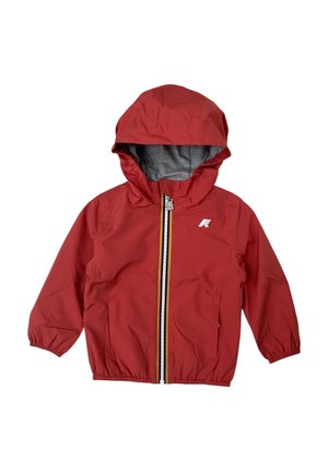 Giacca impermeabile rossa con cappuccio, polsini elastici e zip anteriore a tutta lunghezza. Presenta un interno grigio e un logo bianco sul petto.
