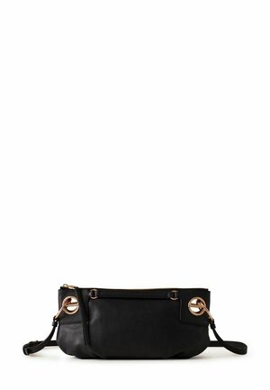 Borsa a tracolla in pelle nera con occhielli circolari color oro e tracolla regolabile, con chiusura superiore con zip.