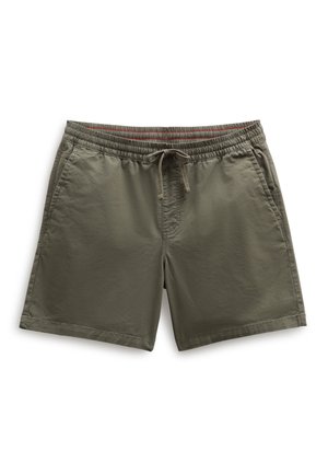 Shorts décontractés pour hommes de couleur vert olive avec ceinture élastique, cordon de serrage et poches latérales sur fond blanc.
