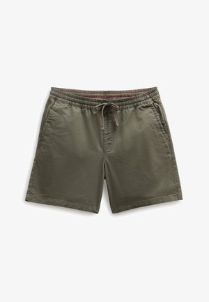 Heren casual short in olijfgroen met elastische tailleband, trekkoord en zijzakken op witte achtergrond.