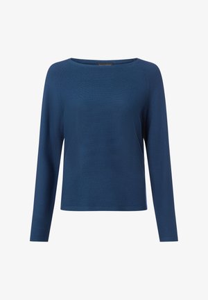 Dunkelblaues Langarmshirt mit rundem Ausschnitt, aus strukturiertem Material gefertigt, mit lockerer Passform und Rippbündchen am Saum und an den Bündchen.