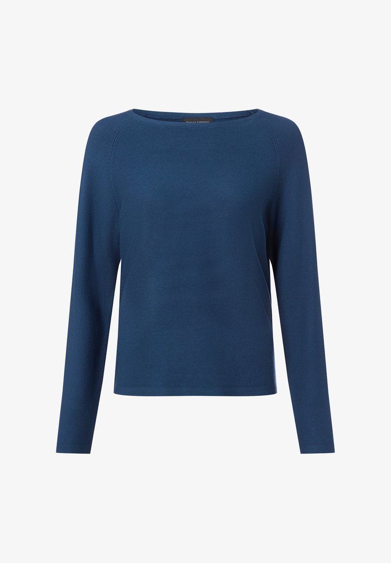 Marineblauwe top met lange mouwen en een ronde hals, gemaakt van een textuurstof, met een losse pasvorm en ribbels aan de zoom en manchetten.